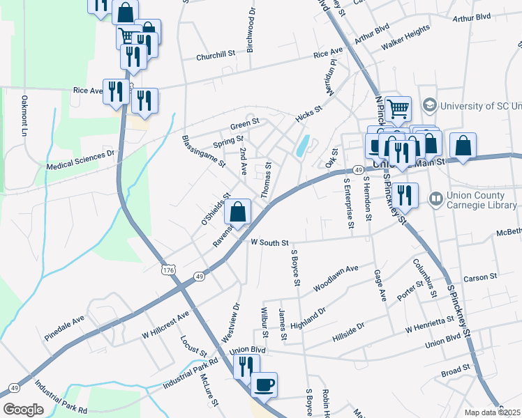 map of restaurants, bars, coffee shops, grocery stores, and more near 706 West Main Street in Union