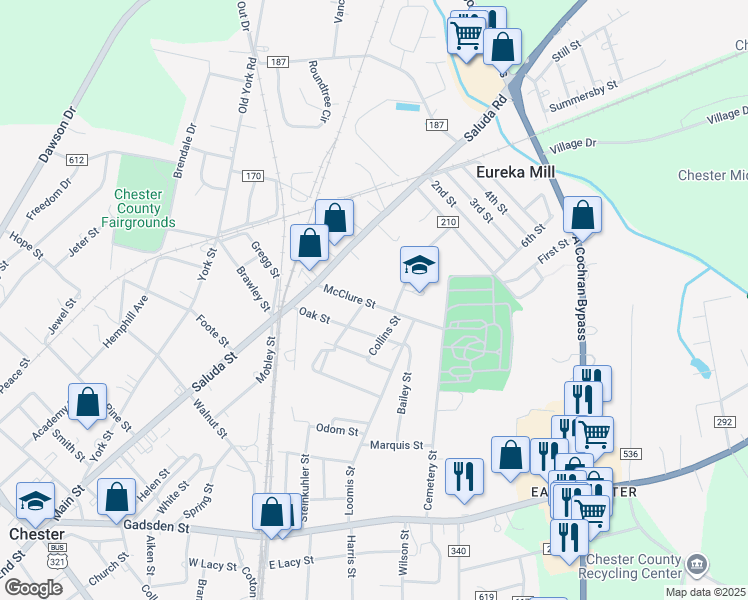 map of restaurants, bars, coffee shops, grocery stores, and more near 124 McClure Street in Chester