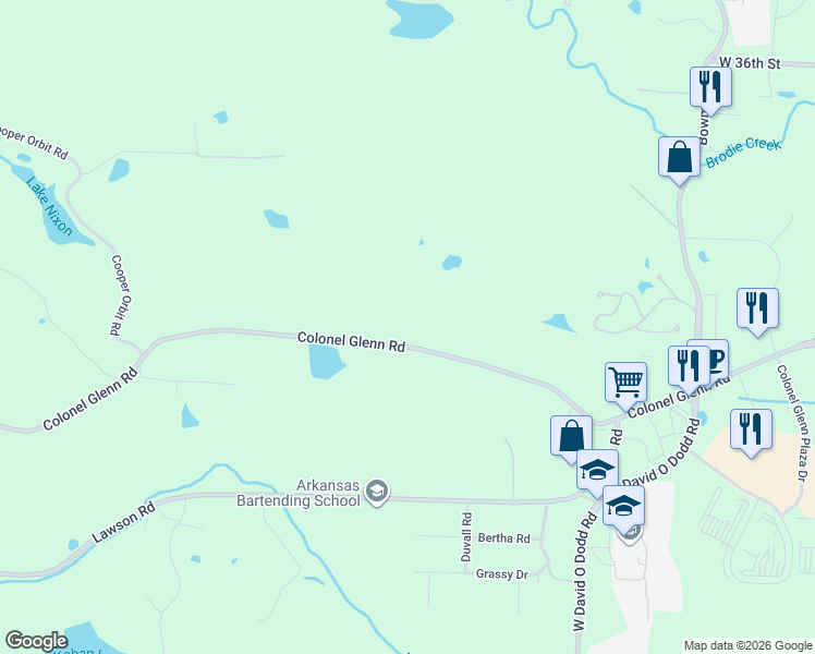 map of restaurants, bars, coffee shops, grocery stores, and more near 13224 Colonel Glenn Road in Little Rock