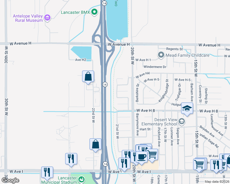 map of restaurants, bars, coffee shops, grocery stores, and more near 45661 21st Street West in Lancaster