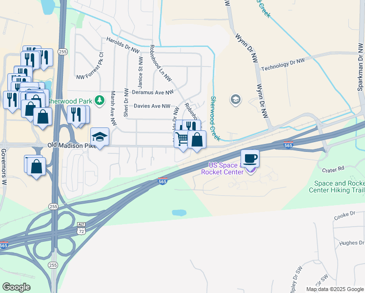 map of restaurants, bars, coffee shops, grocery stores, and more near Old Madison Pike in Huntsville