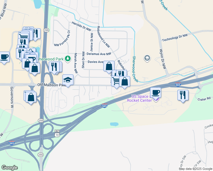 map of restaurants, bars, coffee shops, grocery stores, and more near Old Madison Pike NW & Rockledge Pl NW in Huntsville