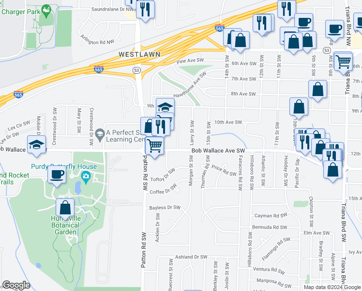 map of restaurants, bars, coffee shops, grocery stores, and more near 4104 Bob Wallace Avenue Southwest in Huntsville