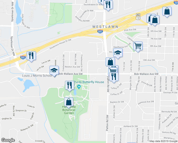 map of restaurants, bars, coffee shops, grocery stores, and more near 4600 Bob Wallace Avenue Southwest in Huntsville