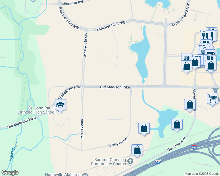 map of restaurants, bars, coffee shops, grocery stores, and more near 7115 Олд Мэдисон Пайк Северо-Запад in Huntsville