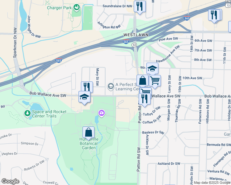 map of restaurants, bars, coffee shops, grocery stores, and more near 4523 Judith Lane in Huntsville
