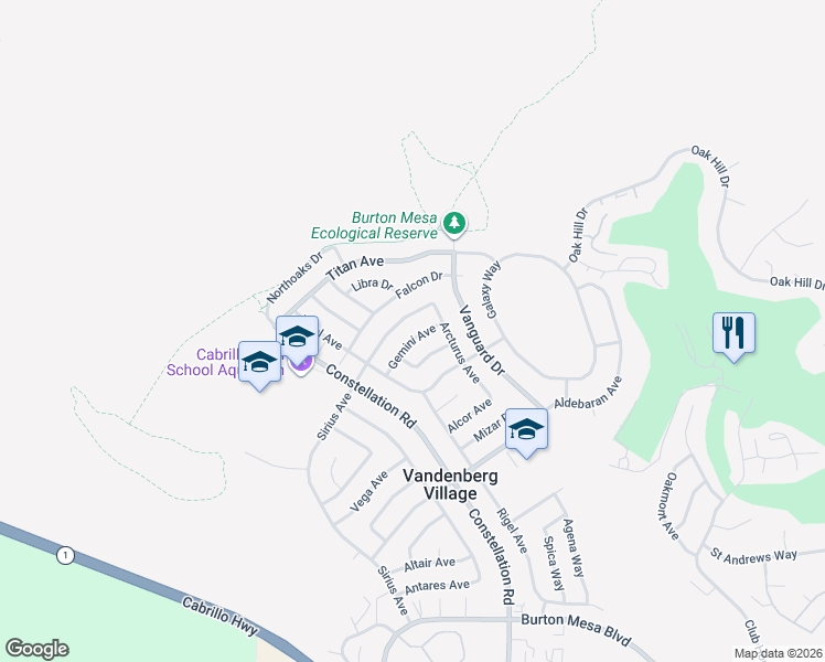 map of restaurants, bars, coffee shops, grocery stores, and more near 131 Gemini Avenue in Lompoc