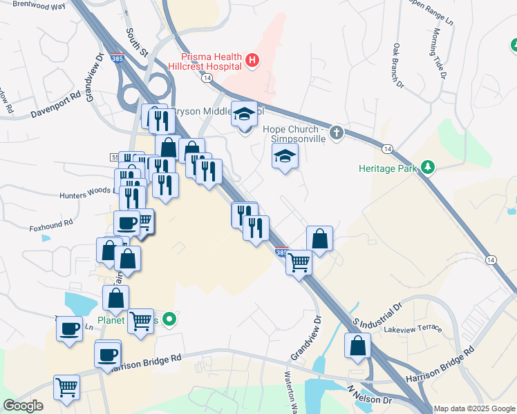 map of restaurants, bars, coffee shops, grocery stores, and more near 3665 South Industrial Drive in Simpsonville