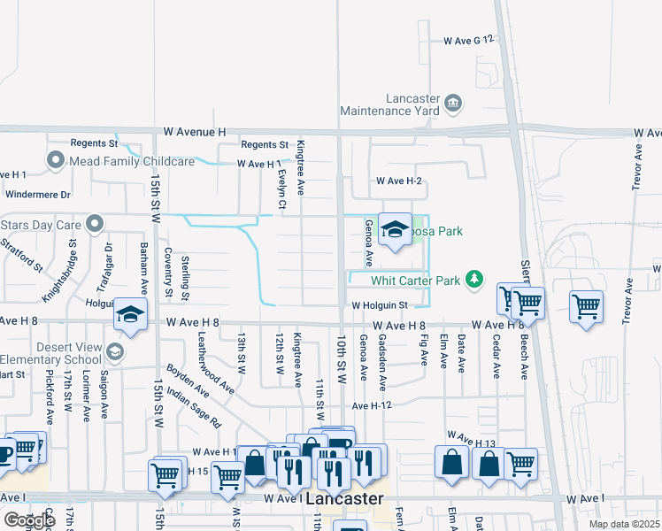 map of restaurants, bars, coffee shops, grocery stores, and more near 1016 Valiant Street in Lancaster