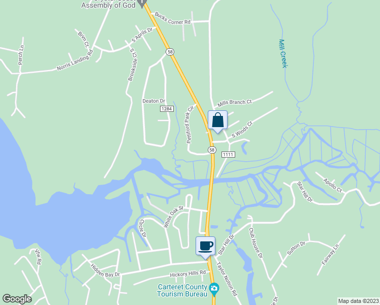 map of restaurants, bars, coffee shops, grocery stores, and more near 145 Pettiford Park Circle in Swansboro