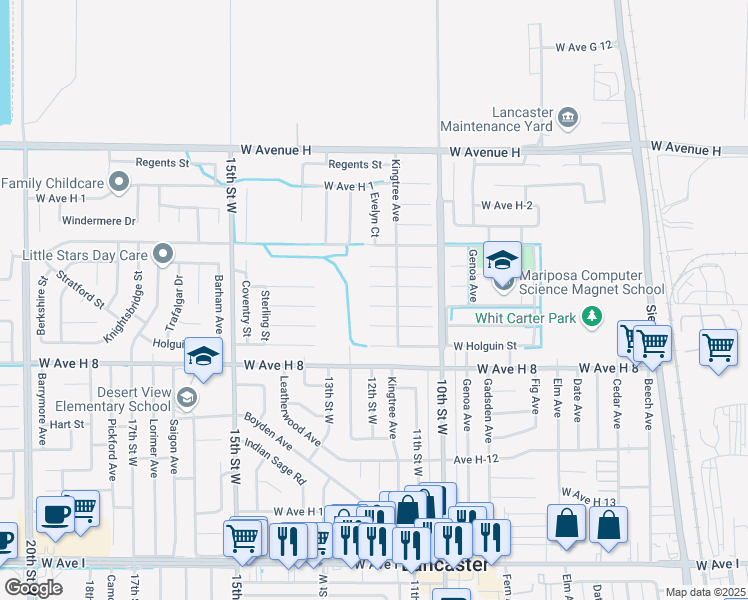 map of restaurants, bars, coffee shops, grocery stores, and more near 1127 Valiant Street in Lancaster