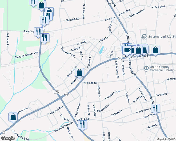 map of restaurants, bars, coffee shops, grocery stores, and more near 706 West Main Street in Union