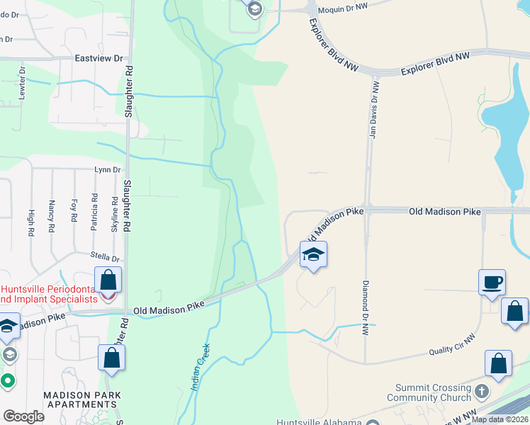 map of restaurants, bars, coffee shops, grocery stores, and more near 7302 Old Madison Pike in Huntsville