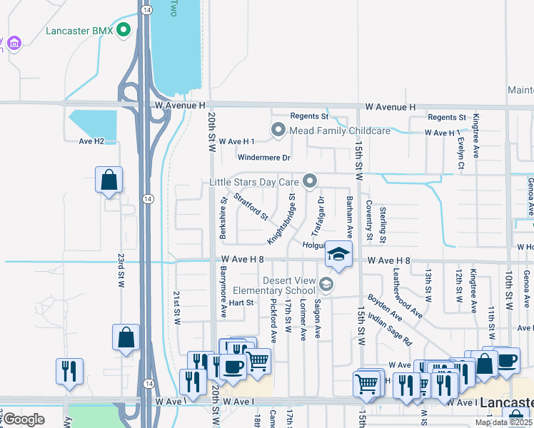 map of restaurants, bars, coffee shops, grocery stores, and more near 45456 Victoria Avenue in Lancaster