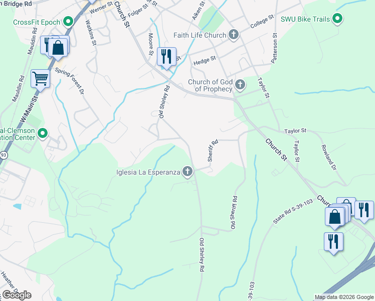 map of restaurants, bars, coffee shops, grocery stores, and more near 346 Old Shirley Road in Central