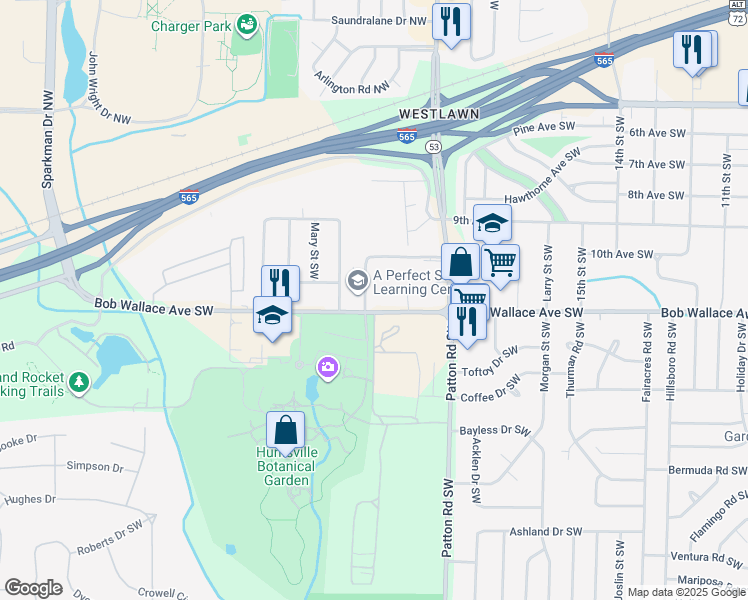 map of restaurants, bars, coffee shops, grocery stores, and more near 4523 Judith Lane Southwest in Huntsville