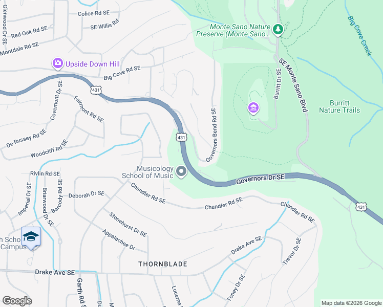 map of restaurants, bars, coffee shops, grocery stores, and more near 307 Governors Drive Southeast in Huntsville