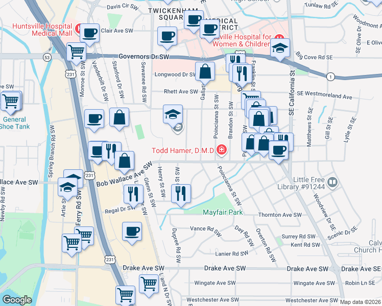 map of restaurants, bars, coffee shops, grocery stores, and more near 2332 Gallatin Street Southwest in Huntsville
