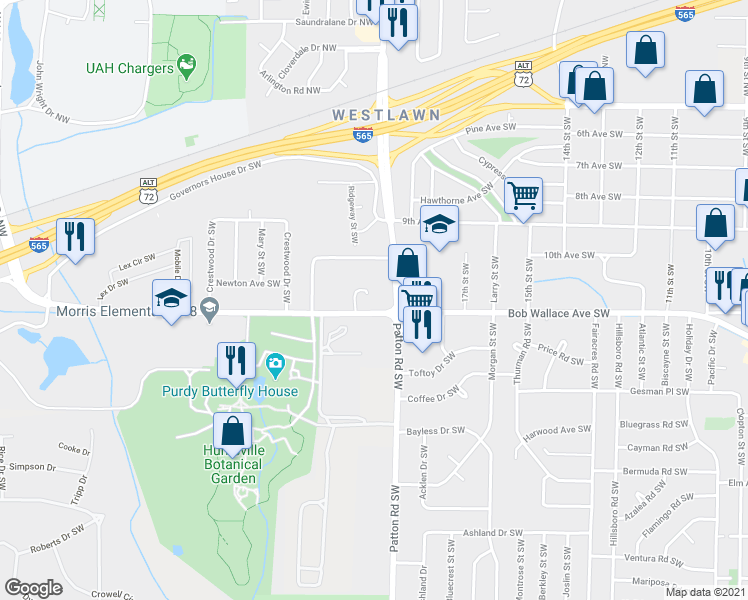 map of restaurants, bars, coffee shops, grocery stores, and more near 2222 Wind Trace Circle Southwest in Huntsville