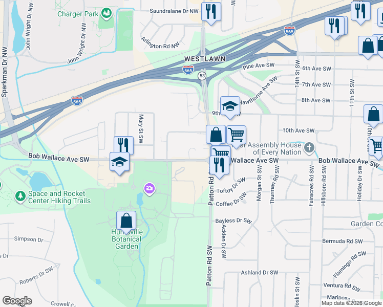 map of restaurants, bars, coffee shops, grocery stores, and more near 2222 Wind Trace Circle Southwest in Huntsville