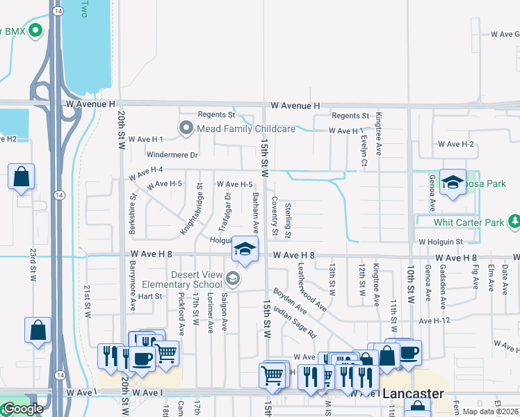 map of restaurants, bars, coffee shops, grocery stores, and more near 45704 Barham Avenue in Lancaster