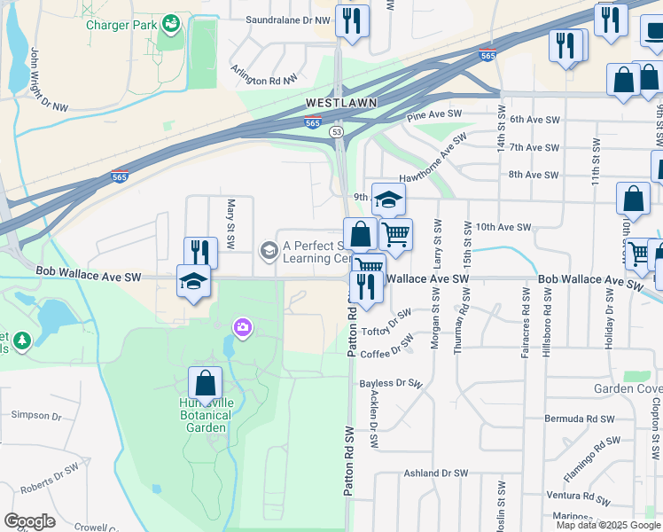 map of restaurants, bars, coffee shops, grocery stores, and more near 2224 Wind Trace Circle Southwest in Huntsville