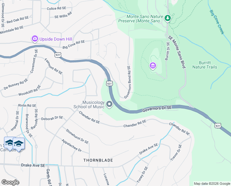 map of restaurants, bars, coffee shops, grocery stores, and more near 307 Governors Drive Southeast in Huntsville