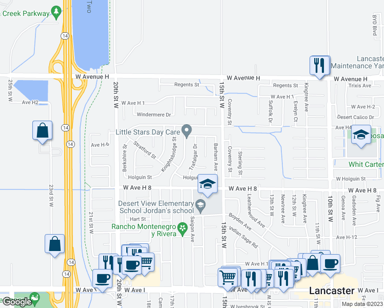 map of restaurants, bars, coffee shops, grocery stores, and more near 45703 Trafalgar Drive in Lancaster