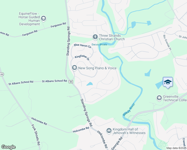 map of restaurants, bars, coffee shops, grocery stores, and more near 126 Kingfisher Drive in Simpsonville