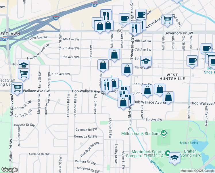map of restaurants, bars, coffee shops, grocery stores, and more near 3314 Long Avenue Southwest in Huntsville