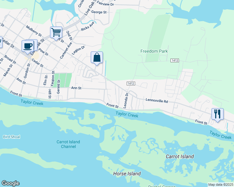 map of restaurants, bars, coffee shops, grocery stores, and more near 113 Carrot Island Lane in Beaufort