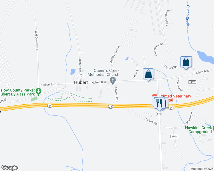 map of restaurants, bars, coffee shops, grocery stores, and more near 314 Hubert Boulevard in Hubert