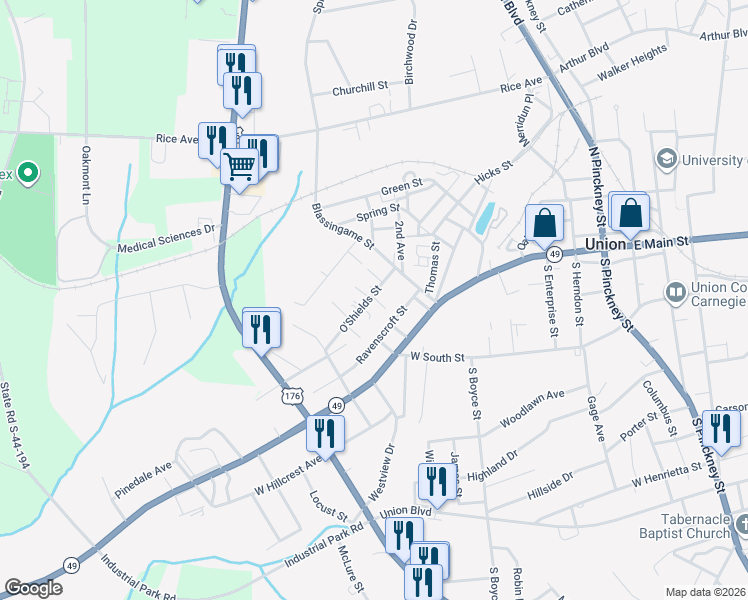 map of restaurants, bars, coffee shops, grocery stores, and more near 106-118 Ravenscroft Street in Union