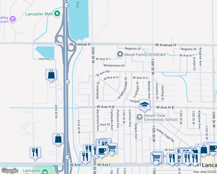 map of restaurants, bars, coffee shops, grocery stores, and more near 45715 Kaastad Court in Lancaster