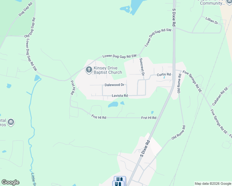 map of restaurants, bars, coffee shops, grocery stores, and more near 509 Lavista Road in Dalton