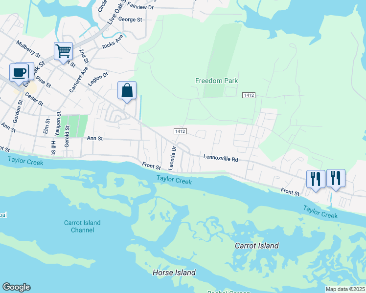 map of restaurants, bars, coffee shops, grocery stores, and more near 1715 Lennoxville Rd in Beaufort