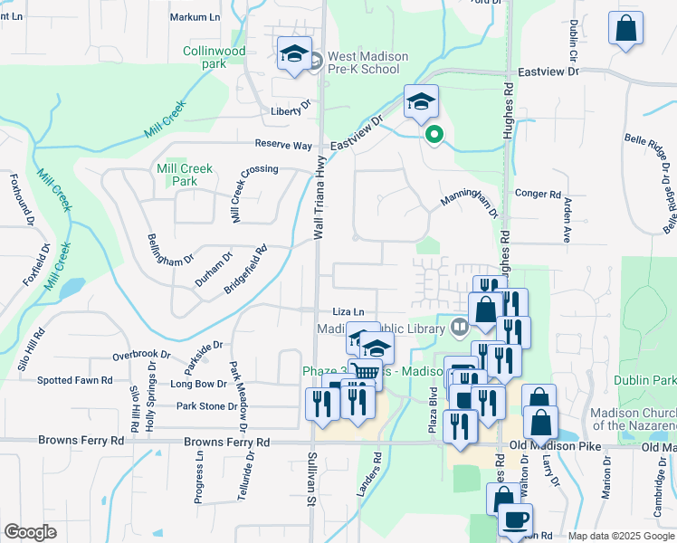 map of restaurants, bars, coffee shops, grocery stores, and more near 107 Horseshoe Bend South in Madison
