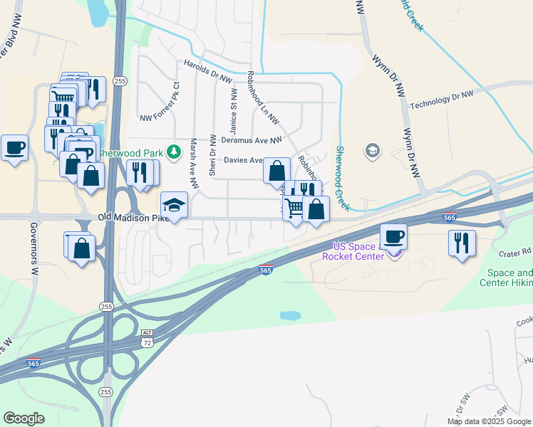 map of restaurants, bars, coffee shops, grocery stores, and more near 6304 Old Madison Pike in Huntsville