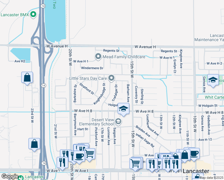map of restaurants, bars, coffee shops, grocery stores, and more near 45708 17th Street West in Lancaster