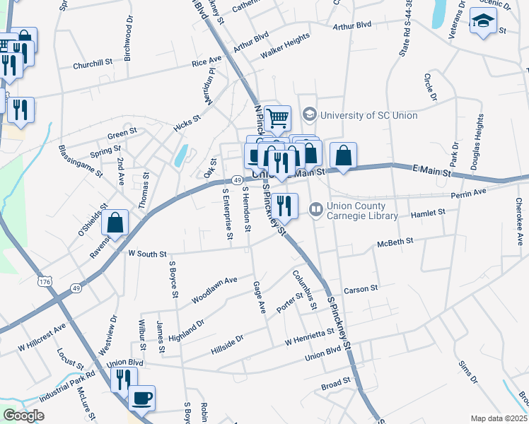 map of restaurants, bars, coffee shops, grocery stores, and more near 300 South Pinckney Street in Union