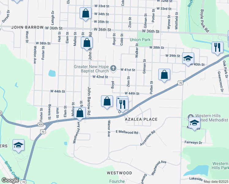 map of restaurants, bars, coffee shops, grocery stores, and more near 8423 West 44th Street in Little Rock