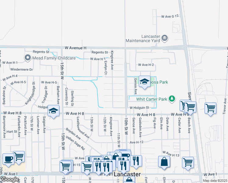 map of restaurants, bars, coffee shops, grocery stores, and more near 1046 West Avenue H in Lancaster