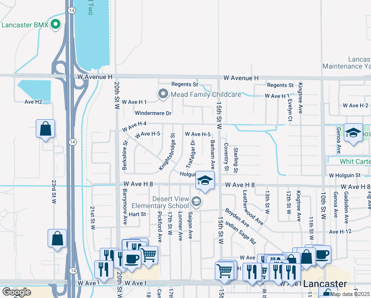 map of restaurants, bars, coffee shops, grocery stores, and more near 45708 17th Street West in Lancaster