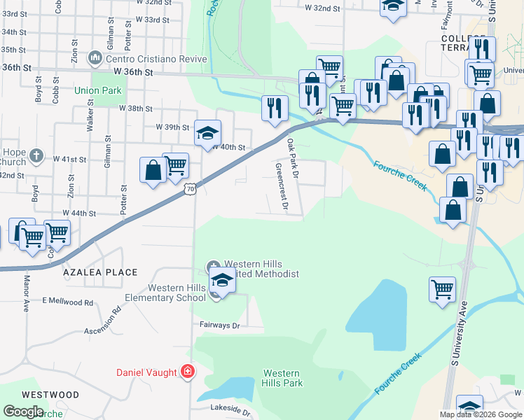 map of restaurants, bars, coffee shops, grocery stores, and more near 7206 West 43rd Street in Little Rock
