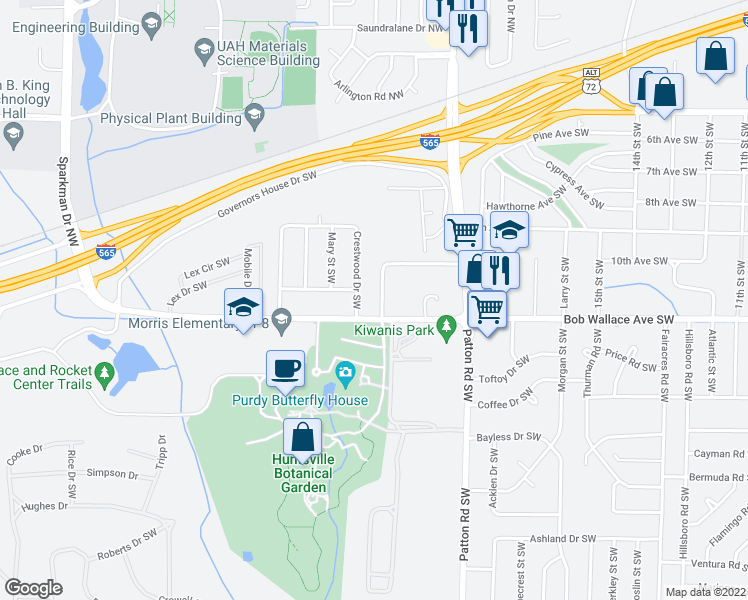 map of restaurants, bars, coffee shops, grocery stores, and more near 4600 Bob Wallace Avenue Southwest in Huntsville