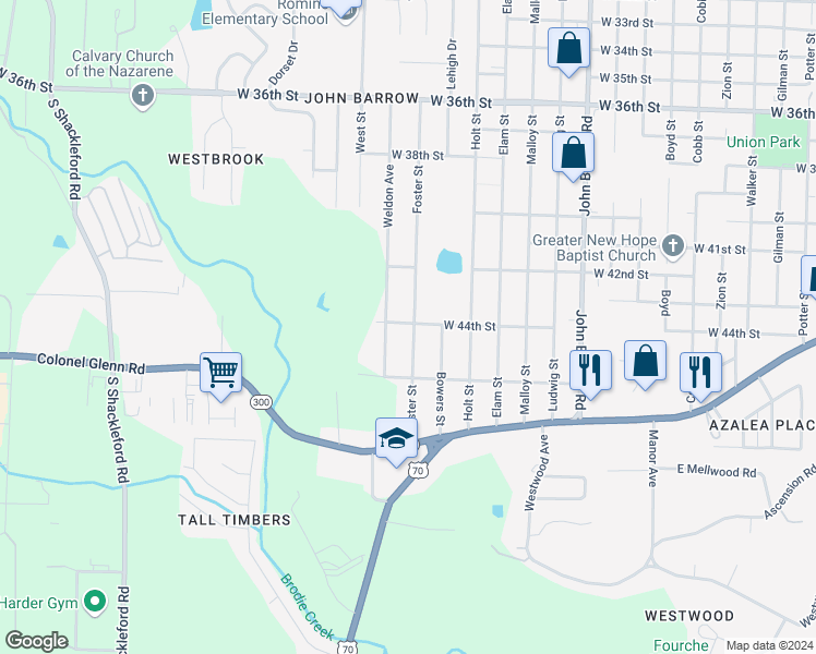map of restaurants, bars, coffee shops, grocery stores, and more near 4400 Foster Street in Little Rock