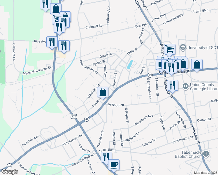 map of restaurants, bars, coffee shops, grocery stores, and more near 106 Ravenscroft Street in Union