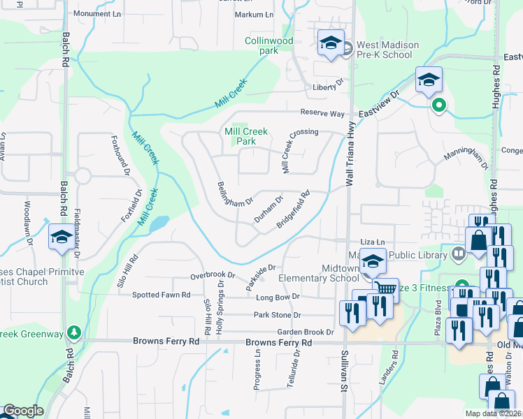 map of restaurants, bars, coffee shops, grocery stores, and more near 126 Bridgefield Road in Madison