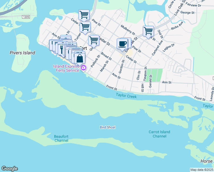 map of restaurants, bars, coffee shops, grocery stores, and more near 903 Front Street in Beaufort