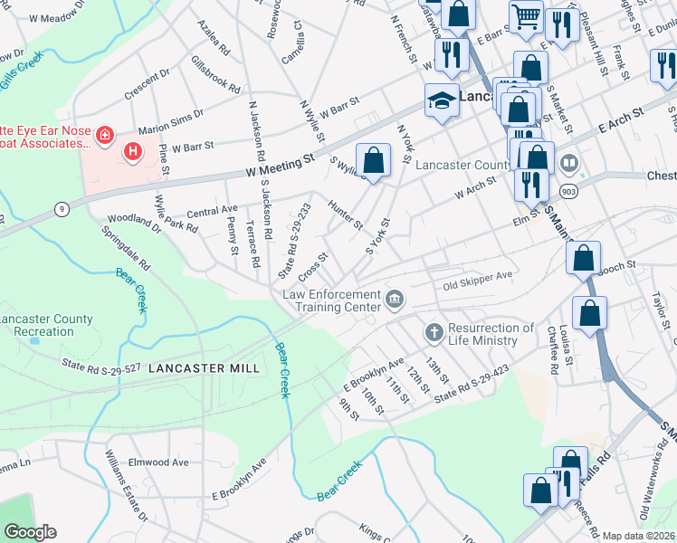 map of restaurants, bars, coffee shops, grocery stores, and more near 1050 Midway Street in Lancaster